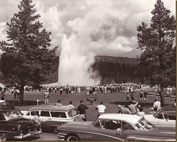 Stolen internet photo--imagine Vic's family visiting Yellowstone in their family car old faithful in the 50s