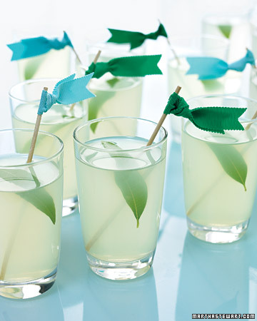 Cocktails or spritzers can be garnished with colored ribbon flags for easy greens. (http://www.marthastewartweddings.com/) Cocktails or spritzers can be garnished with colored ribbon flags for easy greens. (http://www.marthastewartweddings.com/)