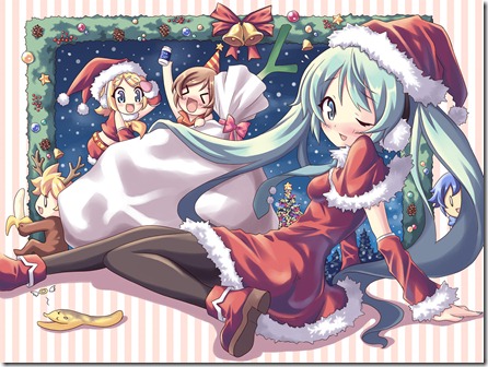 43444-christmas-dekosuke-green_eyes-green_hair-hat-hatsune_miku-kagamine_len-kagamine_rin-kaito-long_hair-mei [Vocaloids.net]