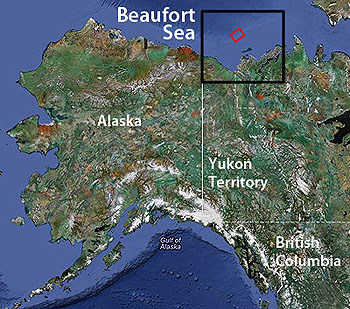 The black rectangle on this map shows the general region where Paull and his collaborators have been studying methane releases in the Beaufort Sea. The smaller red rectangle indicates the edge of the continental shelf and continental slope where they will conduct research during their current expedition. These areas are shown in greater detail in the maps below. Base image: Google Maps