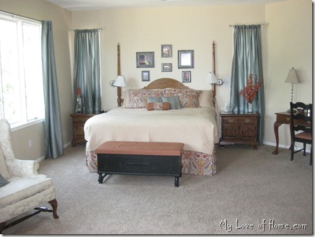 Master bedroom, gold, teal, rust orange, black, yellow pottery barn