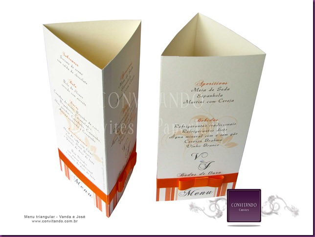 Papelaria Personalizada, Menu, Menu triangular, menus para casamento, Reservados, Lembran&ccedil;as, Caixinhas para lembran&ccedil;as, Decora&ccedil;&atilde;o Laranja, deocra&ccedil;&atilde;o para casamentos, lembran&ccedil;as para casamento, convites, convites e papelaria personalizada, papelaria fina, design para convites