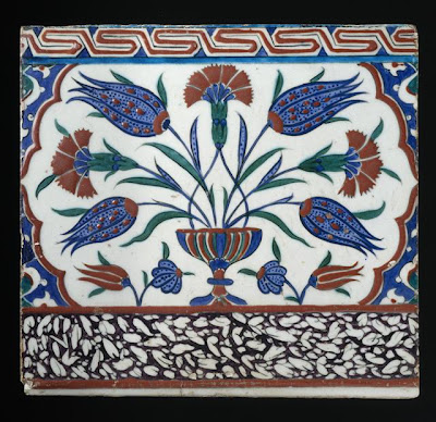 Tile | Origin: Turkey, Iznik | Period: circa 1580-90 | Collection: Purchased with funds provided by Phil Berg (M.2000.31) | Type: Ceramic; Architectural element, Fritware, underglaze painted, 11 1/4 x 12 x 5/8 in. (28.58 x 30.48 x 1.58 cm)