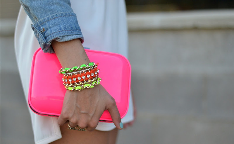Neon details, Zara TRF clutch, Zara neon, Handmade bracelets
