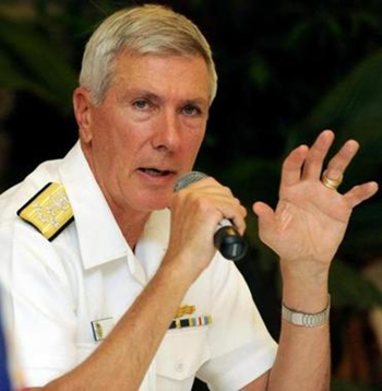 Admiral Samuel J. Locklear III met privately with security and foreign policy specialists at Harvard and Tufts universities on 7-8 March 2013. He said the biggest long-term security threat in the Pacific region is climate change. Photo: Jay Directo / AFP / Getty Images