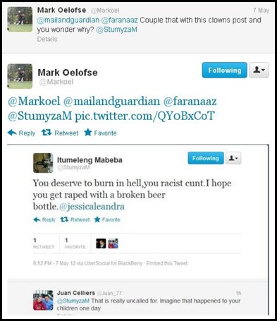 Black Racist threat to white girl by Itumeleng MabebaStumyZAM_HOPE YOU GET RAPED WITH BROKEN BEER BOTTLE
