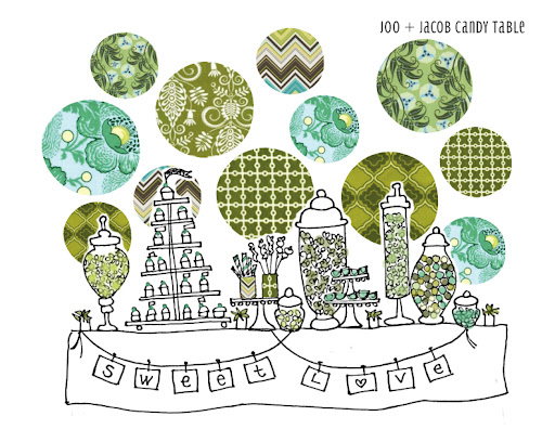 A later sketch of the sweets bar setup, including the fabric swatches that would go behind the table. A later sketch of the sweets bar setup, including the fabric swatches that would go behind the table.