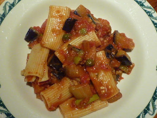Rigatoni with Spicy Eggplant and Shallot Sauce.