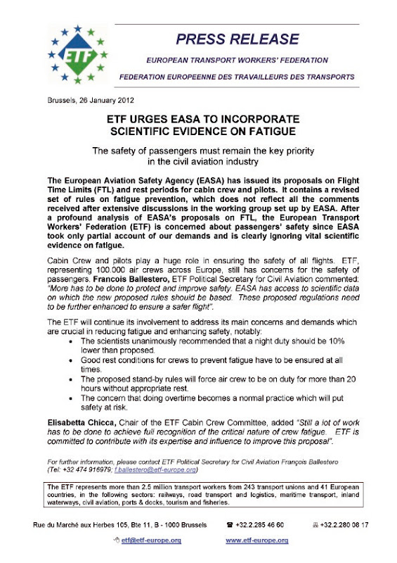 ETF Press Release_ETF urges EASA to incorporate scientific evidence on fatigue_26-01-2012 copia
