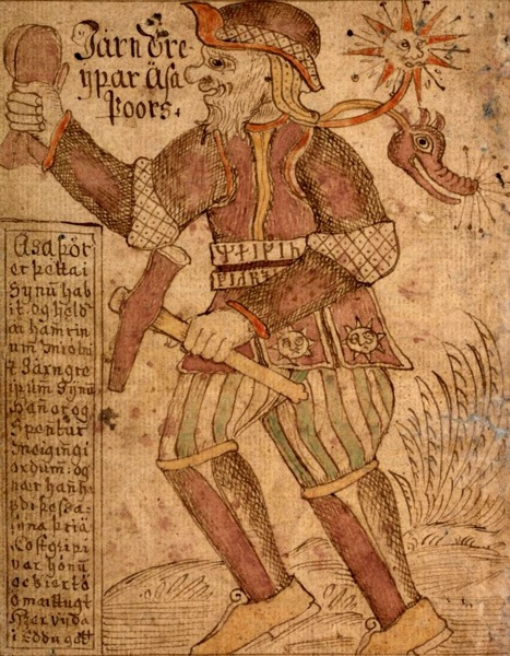 Thor con su martillo, Mjolnir y su cinturón de fuerza, Megingjörð, en un manuscrito islandés del siglo XVIII..jpg Thor con su martillo Mjolnir y su cinturón de fuerza Megingjörð en un manuscrito islandés del siglo XVIII