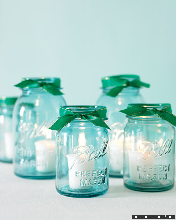 Ball glasses (especially antique ones) are often tinged with turquoise. An emerald ribbon brings my color combo to these centerpiece votives. (http://www.marthastewartweddings.com/) Ball glasses (especially antique ones) are often tinged with turquoise. An emerald ribbon brings my color combo to these centerpiece votives. (http://www.marthastewartweddings.com/)