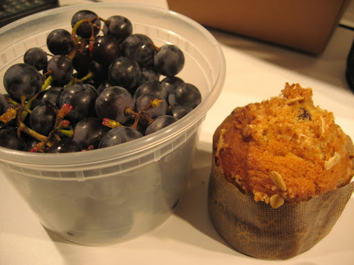 Jennifer brought us delicious chocolate chip muffins and a fantastic discovery for people who like to make Concord grape pie: seedless Concord grapes!  I cannot tell you how much time they will save you.