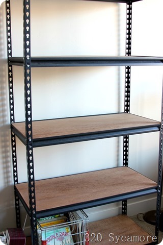 metal shelves with wood