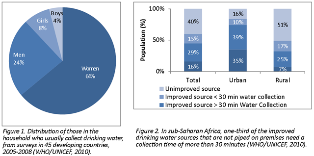 Distribution of those in the household who usually collect drinking water, from surveys in 45 developing countries, 2005-2008 (WHO/UNICEF, 2010). Figure 2. In sub-Saharan Africa, one-third of the improved drinking water sources that are not piped on premises need a collection time of more than 30 minutes (WHO/UNICEF, 2010). InterAction Council, 2012