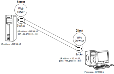 Client and server processes use two sockets to communicate