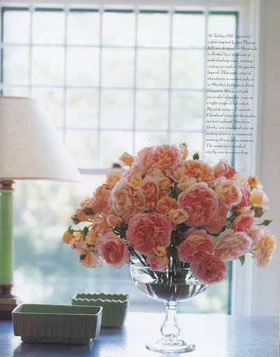 Big pink antique 'Comte de Chambord' roses and the modern apricto-colored 'Abraham Darby' are combined into an arching dome in a nineteenth-century blown-glass compote. (The Best of Martha Stewart Living -- Arranging Flowers) Big pink antique 'Comte de Chambord' roses and the modern apricto-colored 'Abraham Darby' are combined into an arching dome in a nineteenth-century blown-glass compote. (The Best of Martha Stewart Living -- Arranging Flowers)