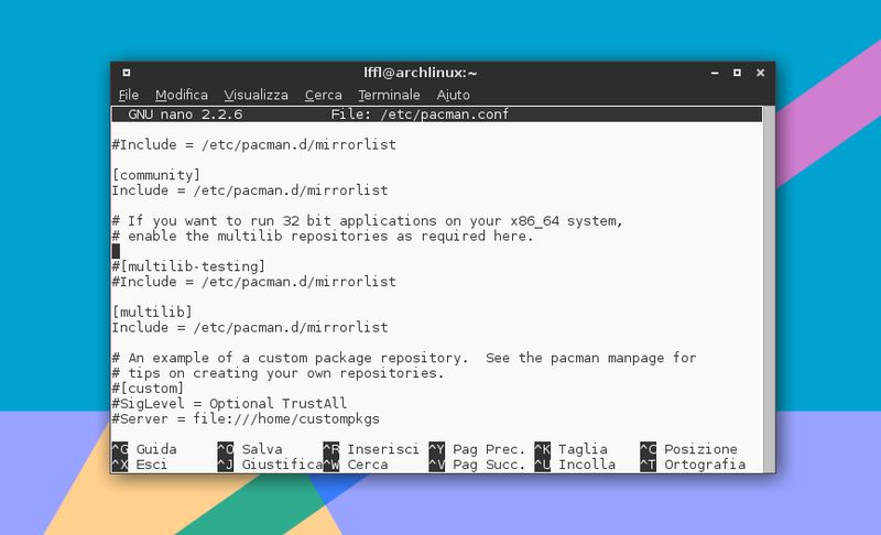Arch Linux pacman.conf attivare multilib