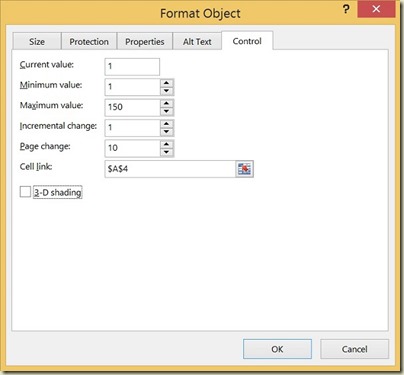 Form Controls in Excel - Scroll Bar Dialogue Box