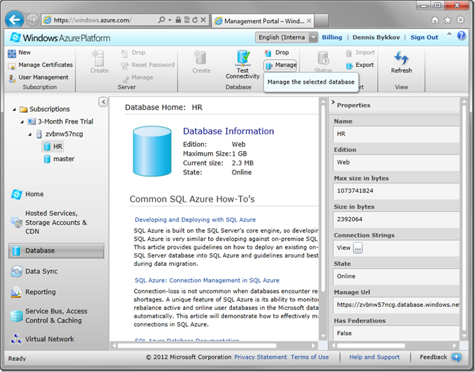 Manage the selected database button in Windows Azure Platform