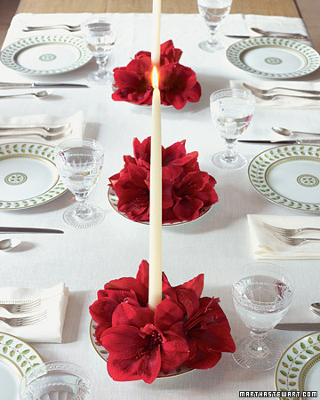 Light up your centerpieces by resting amaryllis blooms in bowls around your candles.