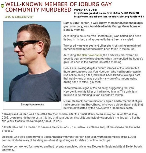 VAN HEERDEN BARNEY gay Afrikaner man murdered Orange Grove home 19Sept2011
