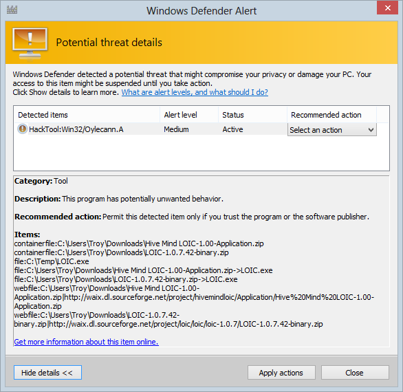 Windows Defender alert