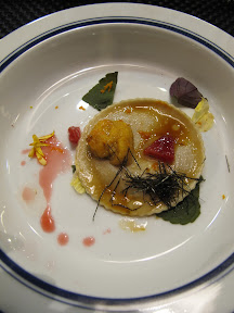 Miso ravioli with sea urchin, blood orange & shiso at the Yuji Ramen pop-up omakase
