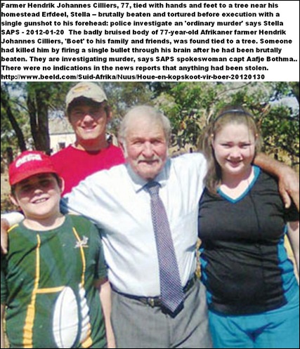 CILLIERS Hendrik Johannes 77 TIED TO TREE TORTURED AND EXECUTED WITH GUNSHOT TO HEAD it is just an ordinary robbery SAPS claims Jan 292012