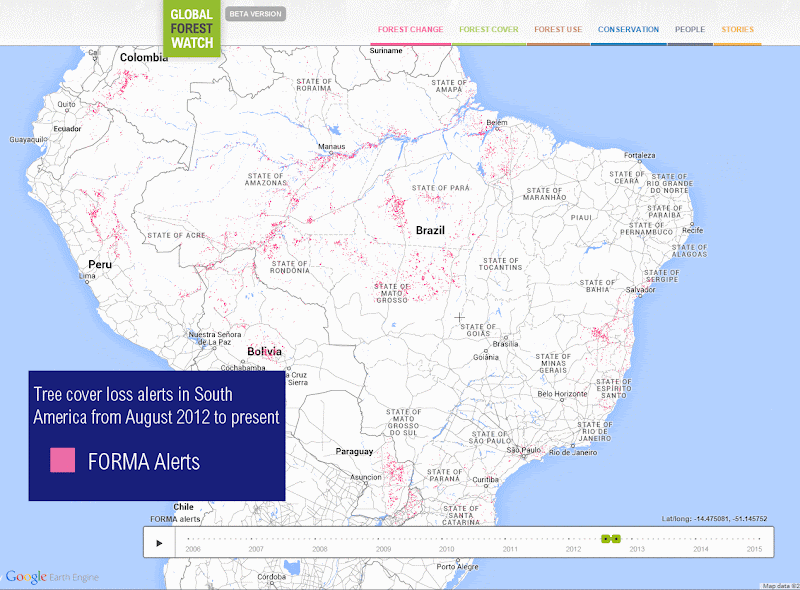 Tree cover loss alerts in South America, August 2012 - September 2014. Graphic: Global Forest Watch