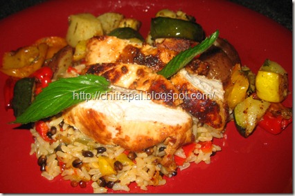 Chitra Pal Grilled Thai Chicken over Brown Rice Medley and Rosemary Roasted Vegetables Chitra Pal Grilled Thai Chicken over Brown Rice Medley and Rosemary Roasted Vegetables