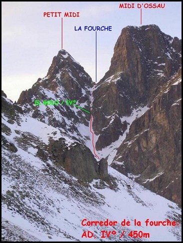 Croquis Midi d'Ossau - Corredor de La Fourche 450m AD  IV 50º