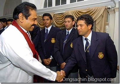 Mahinda Rajapakse, the Sri Lankan president, shakes hands with Sachin Tendulkar, Colombo, August 21, 2006