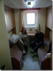 Ferry crossing Caspian Sea. Julie and Anna very happy With our rooms.