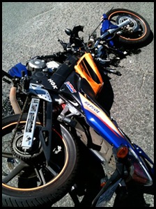 FERREIRA THOMAS BIKER IN COMA AFTER RUN DOWN BY MEC BLUELIGHT BMW ACCIDENT BIKE PIC BY NIEL MULLER Nov42011