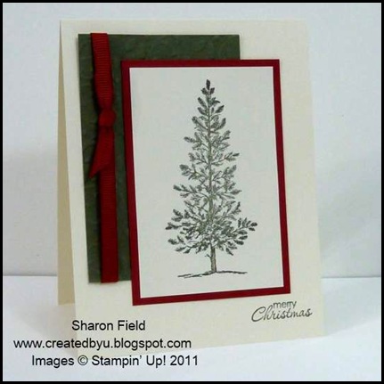 The_Sounding_Joy, Sharon_Field, Brushed_Gold,Quilted_Satin_Ribbon, CAS, 5_minute_Cards, Christ_The_King, camp, Holiday Mini Catalog, Lovely_As_A_Tree, Petite_Pairs