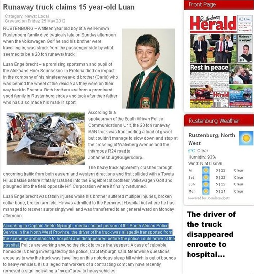 ENGELBRECHT LUAN 15 murdered by runaway gravel truck MAY 21 2012