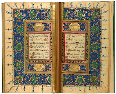 urkish Qur˒an by Pashāzāde Qur˒an, in Arabic. Turkey, probably Istanbul, 1832–33, written by Pashāzāde. On paper. Unlike late Kashmiri Qur˒ans, those made in Turkey are often fully documented, providing not only a date but the name of the scribe and often that of his teacher. According to the colophon, the manuscript was written in 1832–33 by ˓Alī al-Rusdī al-Asbārtavī, known as Pashāzāde, a student of al-Ḥājj Ḥāfīz Mustafa Ḥelvī, known as Helvajizāde. This sarlauḥ marks the opening of the Qur˒an, with sura 1 (al-Fātiḥa, or "The Opening.") on the right, and sura 2 (al-Baqarah, or "The Heifer") on the left. The text is written in naskh script, and the end of each verse is marked by a rosette. Sura headings, in the cartouches, are written in a white, cursive script.