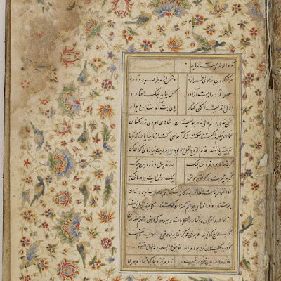 Folio from a Gulistan (Rosegarden) by Sa'di; recto: text with illuminated border; verso: text with illuminated border | Origin: India and Iran | Period: Text dated 1468, illumination added early 16th c., paintings repainted ca. 1645 Timurid, Safavid and Mughal periods | Details: This copy of Gulistan (Rosegarden), a collection of moralizing tales and aphorisms composed by the Persian poet Sa'di, is one of the most impressive manuscripts from Iran and India. Apart from its superb calligraphy, illustrations, and illumination, the volume serves as a fascinating historical document, highlighting the complex artistic and cultural relationship between the Mughals of India (reigned 15261858), and the Timurids (reigned ca. 13701502) and the Safavids (reigned 15011732), who ruled neighboring Iran. It was copied in 1468 by the celebrated Persian calligrapher Sultan Ali Mashhadi in the Timurid capital of Herat. Sometime during the early sixteenth century, the margins of its first sixteen folios were lavishly illuminated. The exquisite design, consisting of arabesques with mythical and real animals in fierce combat or intricate floral motifs, have been attributed to Aqa Mirak, one of the leading artists of the court of Shah Tahmasb (reigned 152476), the second Safavid ruler and remarkable patron of the arts. During the rule of Akbar, the third emperor of the Mughal dynasty in India (reined 15561605), which claimed descent for the Timurids, this manuscript went to India and entered the royal library. As great admirers of Timurid political and cultual achievements, the Mughals were avid collectors of Timurid works of art, especially illustrated manuscripts. | Type: Ink, gold, and opaque watercolor on paper | Size: H: 25.4 W: 33.9 cm | Museum Code: F1998.5.8 | Photograph and description taken from Freer and the Sackler (Smithsonian) Museums. 284370c8be3b43d6b09100ef988598d2.jpg