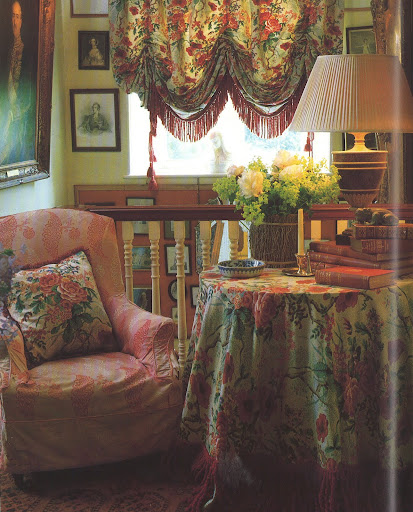 John Fowler's ability to mix patterns and colors in upholstery, window treatments and, in the case of the Wiltshire rectory landing, table fabric is inspiring.