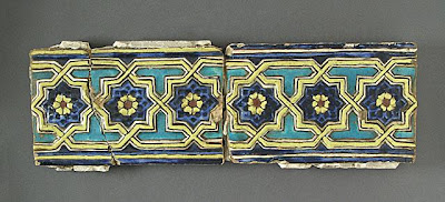 Tiles | Origin: Greater Iran, Samarqand | Period: circa 1385 | Collection: The Madina Collection of Islamic Art, gift of Camilla Chandler Frost (M.2002.1.266a-b) | Type: Ceramic; Architectural element, Earthenware, molded and glaze-painted, 5 3/4 x 9 3/16 in. (14.6 x 23.33 cm)