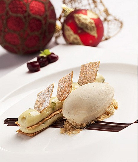 The Halia Restaurant 1 Cluny Road, Ginger Garden Sing Mille feuille of pistachio and cream, eggnog ice cream and stewed cherries