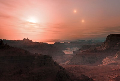 ilustração do entardecer na super-Terra Gliese 667 Cc