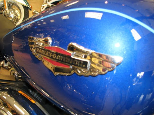 The Harley Davidson logo adorns one of the motorcycles in the store.