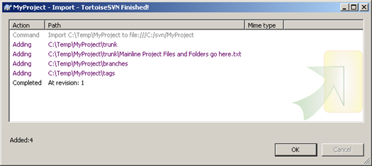 TortoiseSVN - MyProject Import Finished