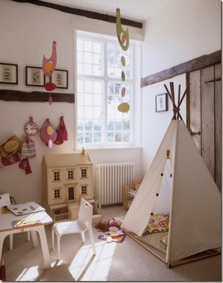 White bright airy childrens bedroom playroom tent wigwam table chair carpet dolls house colourful chicken mobiles real home L etc 04/2007 not used