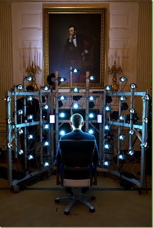 June 9, 2014
"The President sits for a 3D portrait being produced by the Smithsonian Institution. There were so many cameras and strobe lights flashing but the end result was kind of cool. See the video at this link: http://1.usa.gov/1zhPtAf."
(Official White House Photo by Pete Souza)