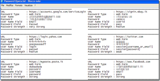 OperaPassView email e password esportate