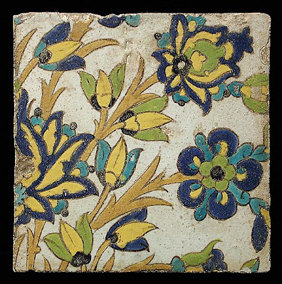 Tile | Origin: Iran, Isfahan | Period: 17th century | Collection: The Nasli M. Heeramaneck Collection, gift of Joan Palevsky (M.73.5.757) | Type: Ceramic; Architectural element, Fritware, cuerda seca technique, 9 1/4 x 9 5/16 in. (23.5 x 23.7 cm)