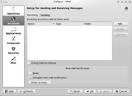 Configure e-mail accounts in the Configure KMail window