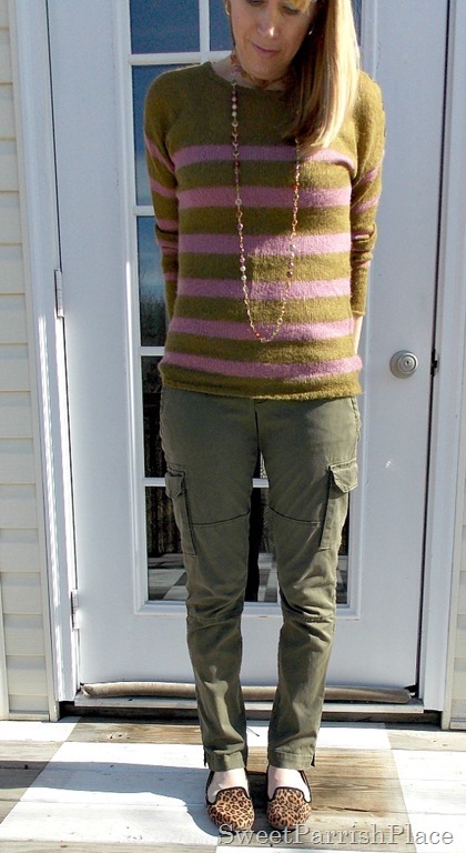 Olive and purple striped sweater with cargo pants and leopard flats